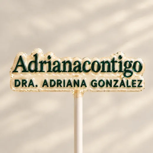 Paleta de caramelo con el logo de Adrianacontigo, Dra. Adriana González
