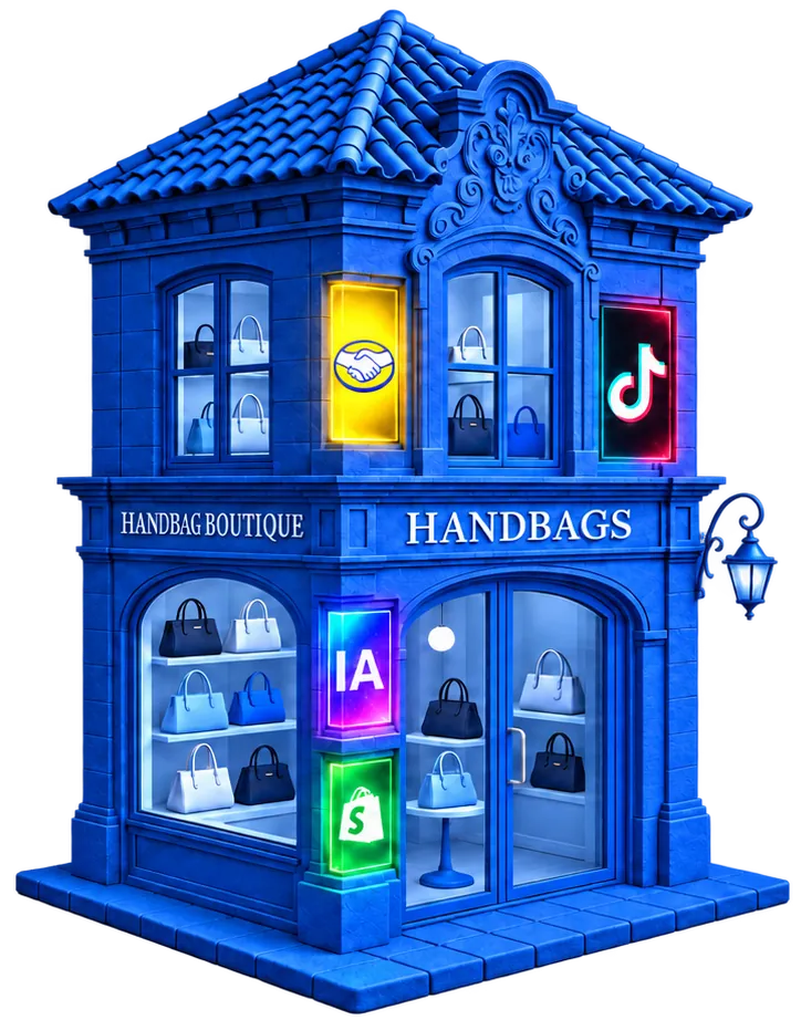 Ilustración de una tienda con letreros de Shopify, IA, TikTok y Mercado Libre en sus ventanas